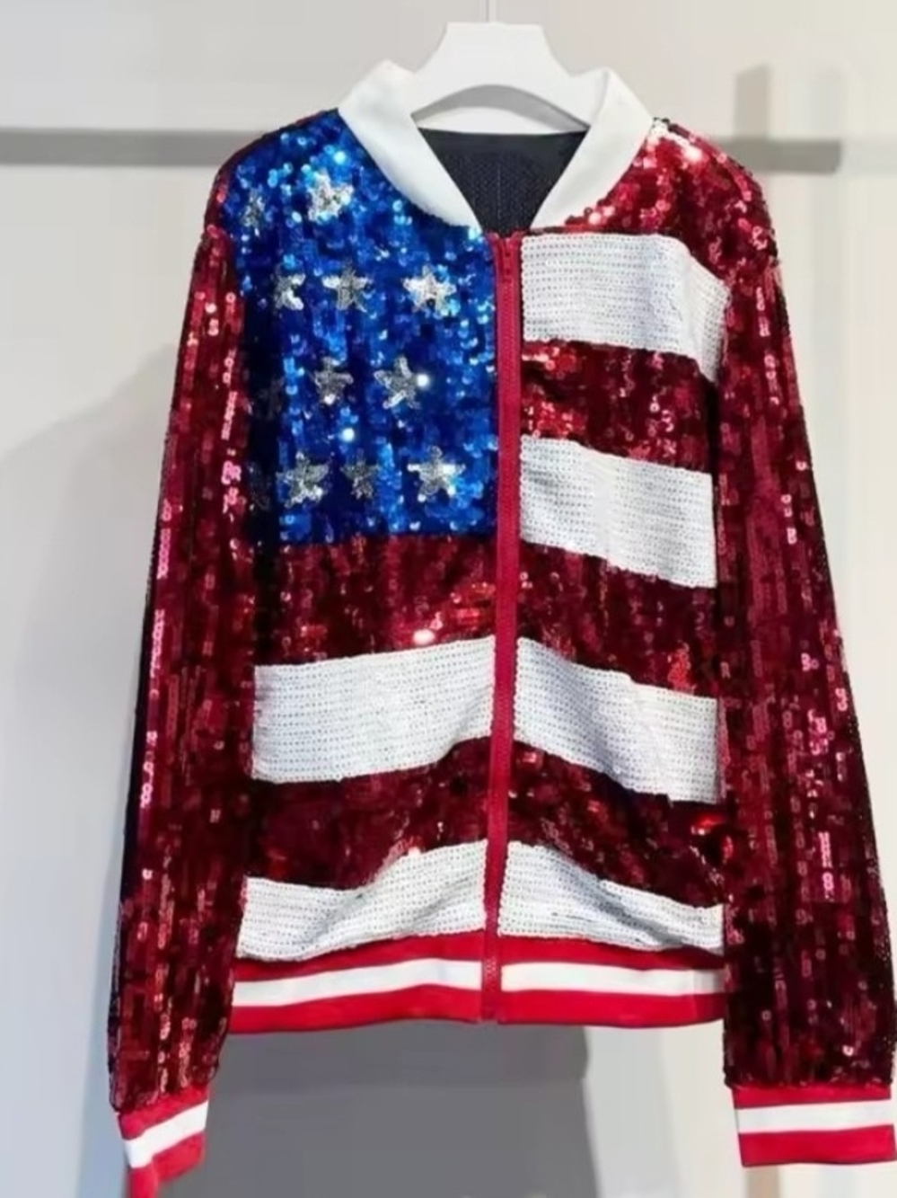 Sequined American Flag Bomber Jacket - Red, White & Blue - Picture 6 of 6